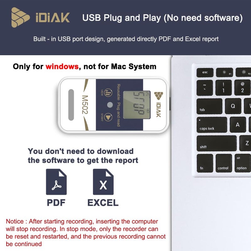IDIAK M502 Temperature Data Logger USB Temp/Humidity Recorder with PDF and Excel (Reusable) Refrigerator Recording Thermometer 14400 Points High Accuracy (no delay - 1 Pack) - Image 2